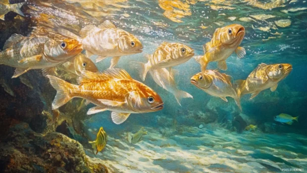 A school of fish darting through warm coastal shallows.
