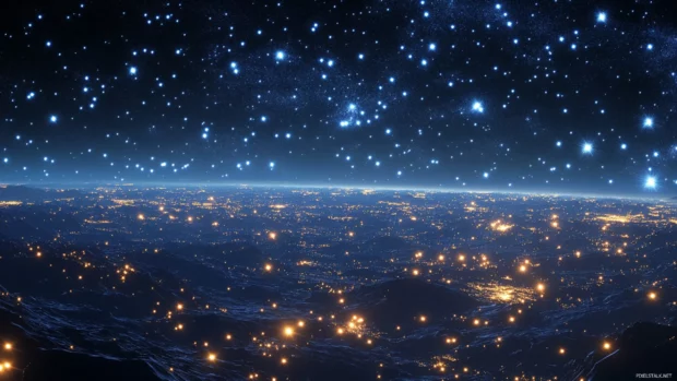 A sea of black starry light touching distant peaks.