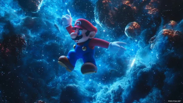 A sea of blue stars reflects in Marios eyes as he floats above a silent world.