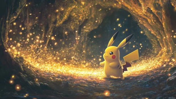 A sea of fireflies dances around Pikachu as he explores a glowing cave.
