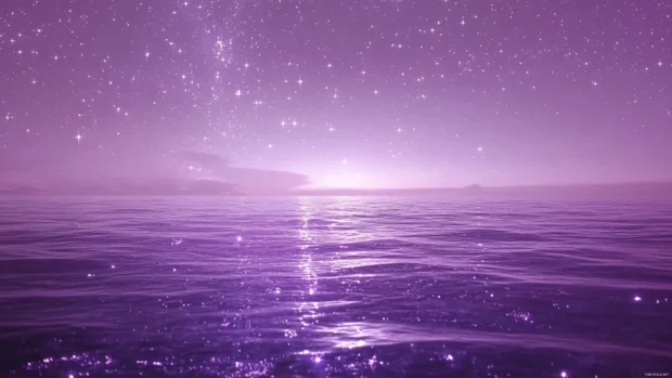 A sea of lavender stars floating across a pastel horizon, breathing life into dreamy purple starry sky background.
