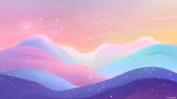 A sea of soft stars floating above pastel hills.