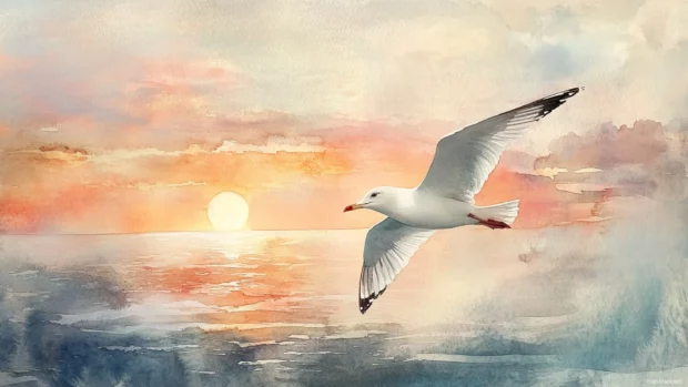 A seagull soaring over the sea during a watercolor sunset.