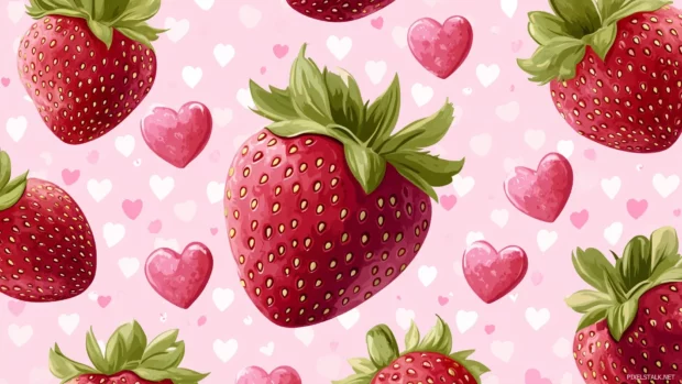 A seamless pattern of cute pink strawberries with soft blush pink hearts scattered around, delicate leaves and soft polka dots, pastel pink background, Simple lines.