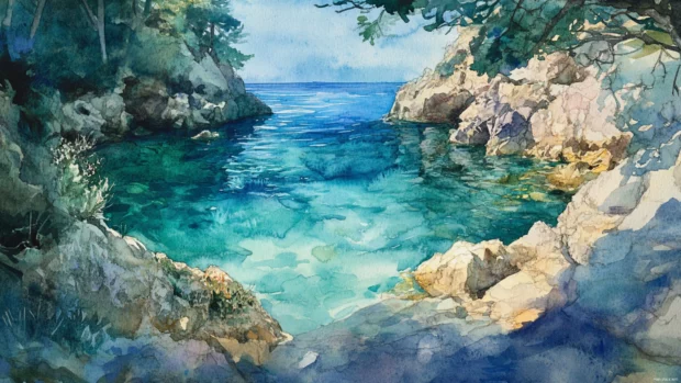 A secluded bay bathed in dreamy watercolor ocean colors.