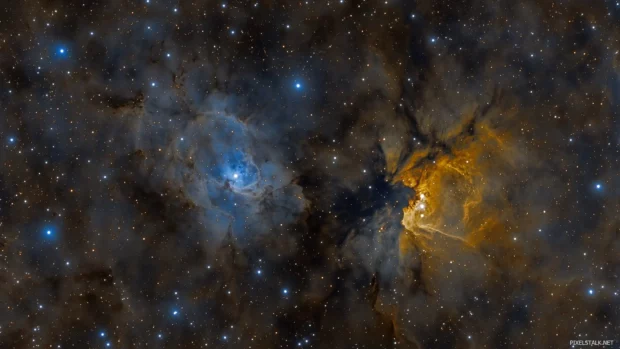 A sense of awe and wonder in the vastness of space under an expansive starry sky with brightly shining stars and a glowing nebula visible in the distance.