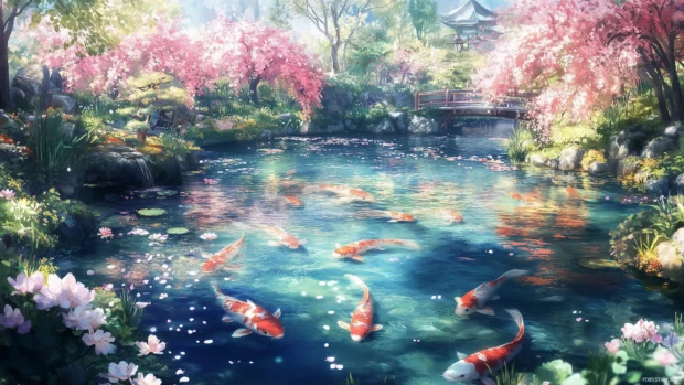 A serene Japanese garden with koi fish swimming in a pond surrounded by cherry blossoms, anime style.