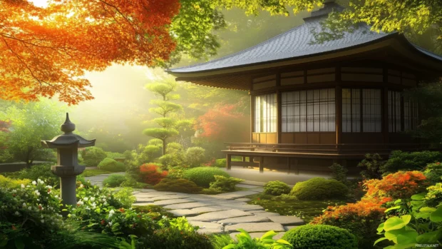 A serene Japanese temple nestled among lush greenery and colorful autumn leaves, with soft morning light filtering through.