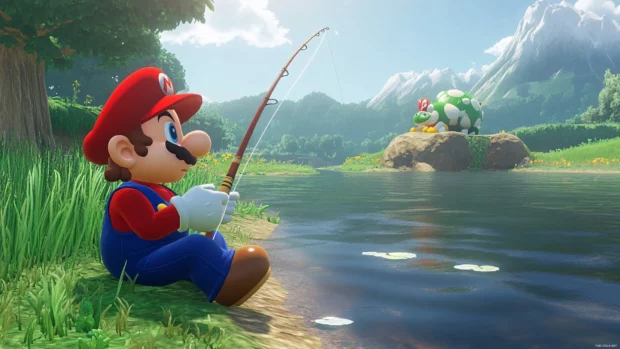 A serene Mario moment shows him fishing by a riverbank with Toad napping nearby.