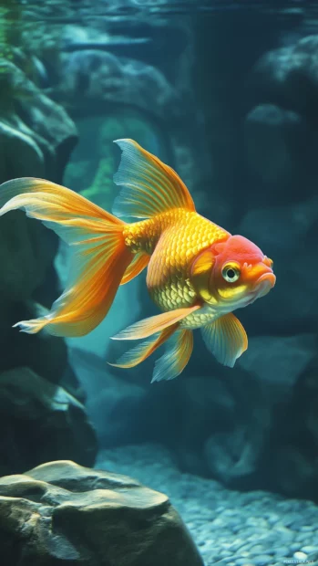 A serene and beautiful goldfish swimming gracefully through a crystal clear pond, vibrant orange and gold scales shimmering, with soft water ripples around it, peaceful atmosphere, natural.