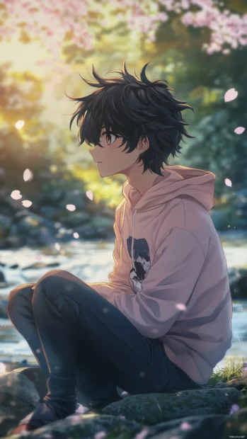 A serene anime boy in a pastel hoodie, sitting by a riverside with soft sakura petals drifting around him in a tranquil evening setting.