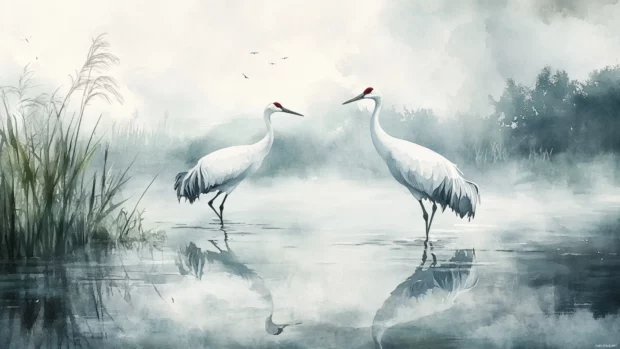 A serene bird watercolor landscape with cranes walking across misty wetlands.