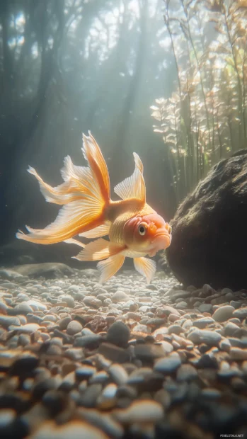 A serene capture of a goldfish with intricate, frilly fins swimming near lily pads and small pebbles in a calm pond, with soft sunlight filtering through.