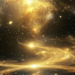 A serene cosmic dance of floating gold stars, whispering the glow of golden universe wallpaper for desktop.