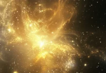 A serene cosmic dance of floating gold stars, whispering the glow of golden universe wallpaper for desktop.