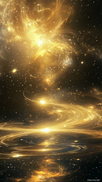 A serene cosmic dance of floating gold stars, whispering the glow of golden universe wallpaper for desktop.