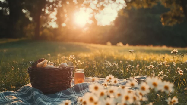 A serene countryside picnic basking in the soft Summer Vibes of golden hour.