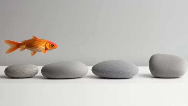 A serene fish tank with a single koi fish swimming gracefully, surrounded by simple rocks, pebbles, and minimalistic decor, creating a zen like vibe.