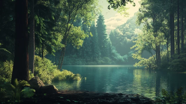 A serene forest lake scene chosen from trending 8K wallpapers for PC.