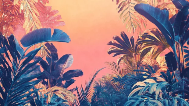 A serene garden of alien plants, with a distinct retro vibe, perfect as a Vintage Trippy Wallpaper.