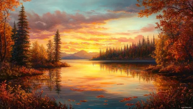 A serene lake surrounded by autumn foliage, reflecting the fiery colors of the sunset.