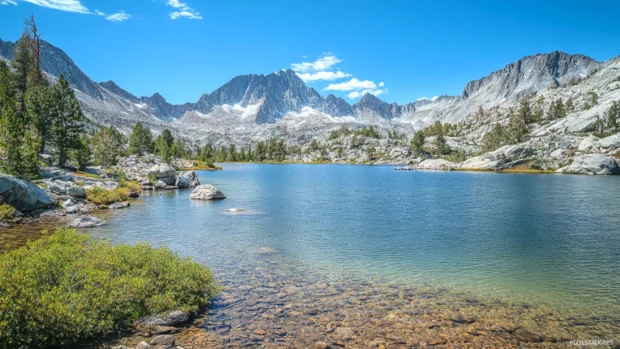 A serene lake surrounded by mountains under a clear sky, perfect for Windows 10 lock screen wallpaper.