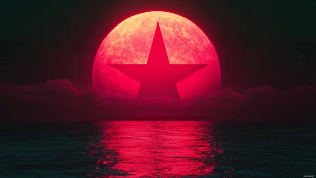 A serene landscape featuring a large, glowing red star setting over a calm ocean, with its reflection shimmering in the water as the sun dips below the horizon.