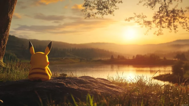 A serene landscape frames Pikachu in a moment of calm before an adventure begins.