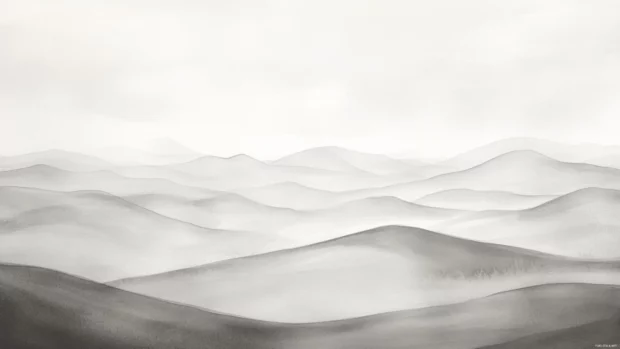 A serene landscape of rolling hills rendered in grayscale watercolor tones.