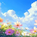 A serene meadow filled with vibrant wildflowers under a clear blue sky, with sunlight casting warm highlights over the soft petals.