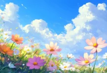A serene meadow filled with vibrant wildflowers under a clear blue sky, with sunlight casting warm highlights over the soft petals.