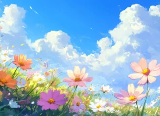 A serene meadow filled with vibrant wildflowers under a clear blue sky, with sunlight casting warm highlights over the soft petals.