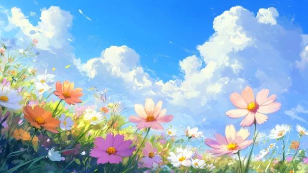 A serene meadow filled with vibrant wildflowers under a clear blue sky, with sunlight casting warm highlights over the soft petals.