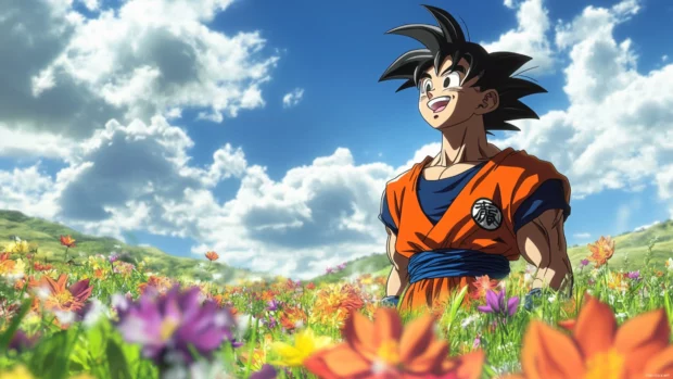 A serene moment in this Goku PC Wallpaper style with Goku smiling in a flower field post battle.
