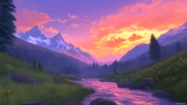 A serene mountain pass at dusk, the sky ablaze with the colors of the sunset.