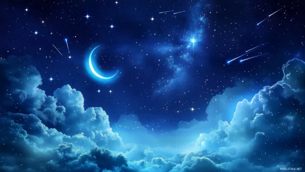 A serene night sky filled with bright stars and subtle shooting stars streaking across the horizon, with a faint glow from a crescent moon adding to the beauty.