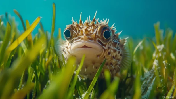 A serene scene of a pufferfish resting in a patch of seagrass, its body puffed out with delicate spines visible as the ocean currents gently sway.