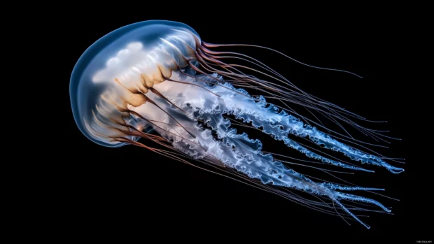 A serene scene of a translucent jellyfish gently floating in the dark ocean depths, surrounded by soft, glowing light.
