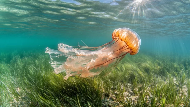 A serene scene with a single jellyfish drifting through clear blue water, capturing the beauty of its long, flowing tentacles and translucent bell.