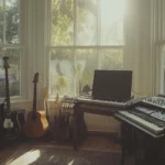 A serene shot of a music producer's workspace, featuring a laptop, MIDI keyboard, and an array of musical instruments, with large windows letting in natural lightư.