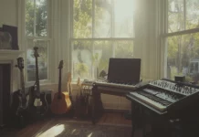 A serene shot of a music producer's workspace, featuring a laptop, MIDI keyboard, and an array of musical instruments, with large windows letting in natural lightư.
