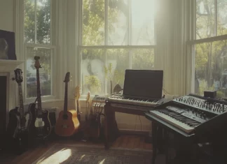 A serene shot of a music producer's workspace, featuring a laptop, MIDI keyboard, and an array of musical instruments, with large windows letting in natural lightư.
