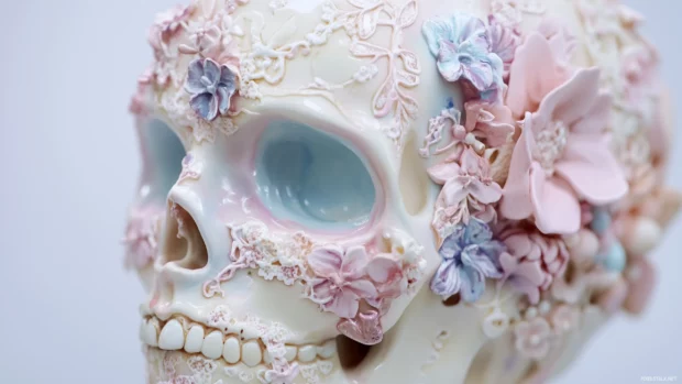 A serene sugar skull with soft pastel colors, detailed with floral elements and delicate lace patterns, creating a calm and artistic look.