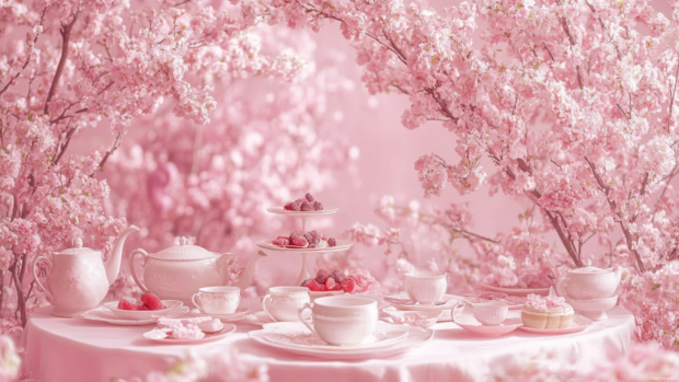 A serene tea party setup in pink tones, ideal for feminine Pink PC Wallpapers.