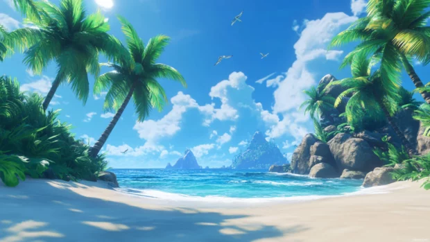 A serene tropical paradise with palm trees swaying gently, highlighting summer computer wallpaper themes.