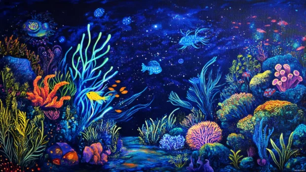 A serene underwater scene with bioluminescent sea creatures and glowing corals, yet wonderfully trippy.