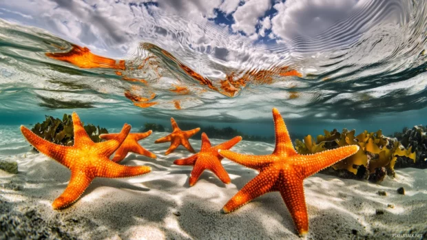 A serene underwater scene with multiple starfish scattered across the ocean floor, their shapes and colors contrasting with the surrounding coral and seaweed.