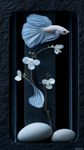 A serene view of a single betta fish with flowing fins, gliding through a minimalistic aquarium scene with delicate aquatic plants and smooth pebbles.