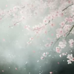 A serene watercolor scene of cherry blossoms gently falling, with soft pink petals blending into a misty, pale background.