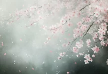 A serene watercolor scene of cherry blossoms gently falling, with soft pink petals blending into a misty, pale background.
